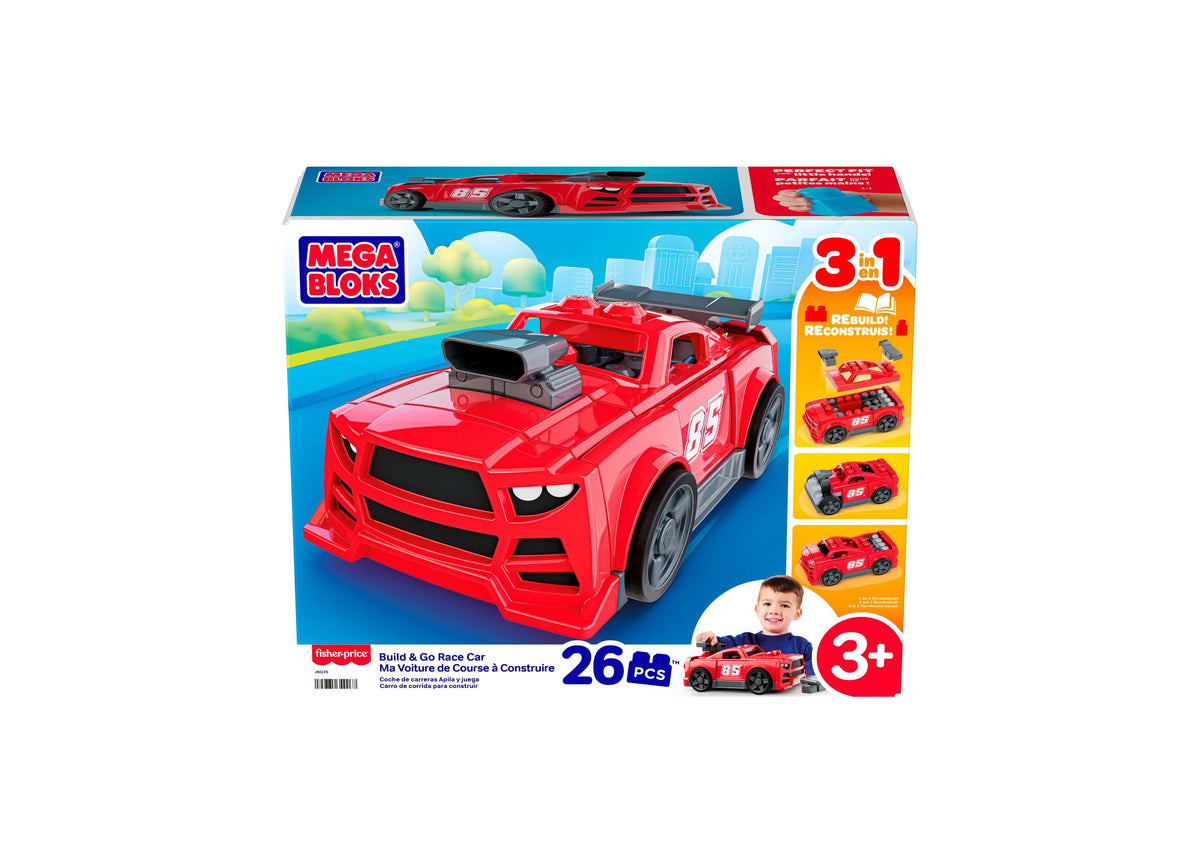 Mega Bloks Build & Go 3-in-1 Race Car red building set with 26 pieces, shown as completed race car with wheels