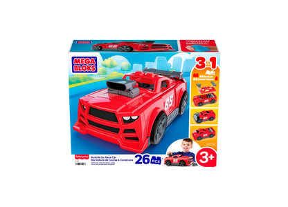 Mega Bloks Build & Go 3-in-1 Race Car red building set with 26 pieces, shown as completed race car with wheels