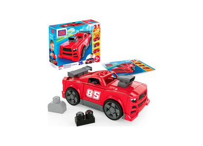 Mega Bloks Build & Go 3-in-1 Race Car red building set with 26 pieces, instruction manual, and accessories
