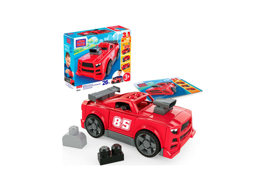 Mega Bloks Build & Go 3-in-1 Race Car red building set with 26 pieces, instruction manual, and accessories