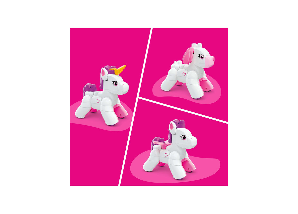 Mega Bloks Build & Enchant Unicorn 26-Piece Building Set showing white and pink unicorn figure in three different poses