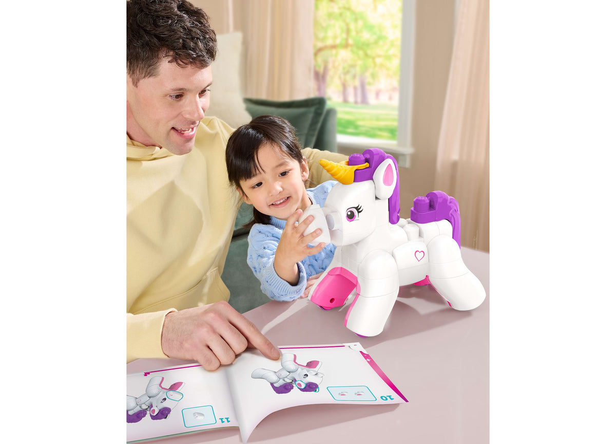 Mega Bloks Build & Enchant Unicorn 26-Piece Building Set with white unicorn, purple mane and tail, shown with instruc...