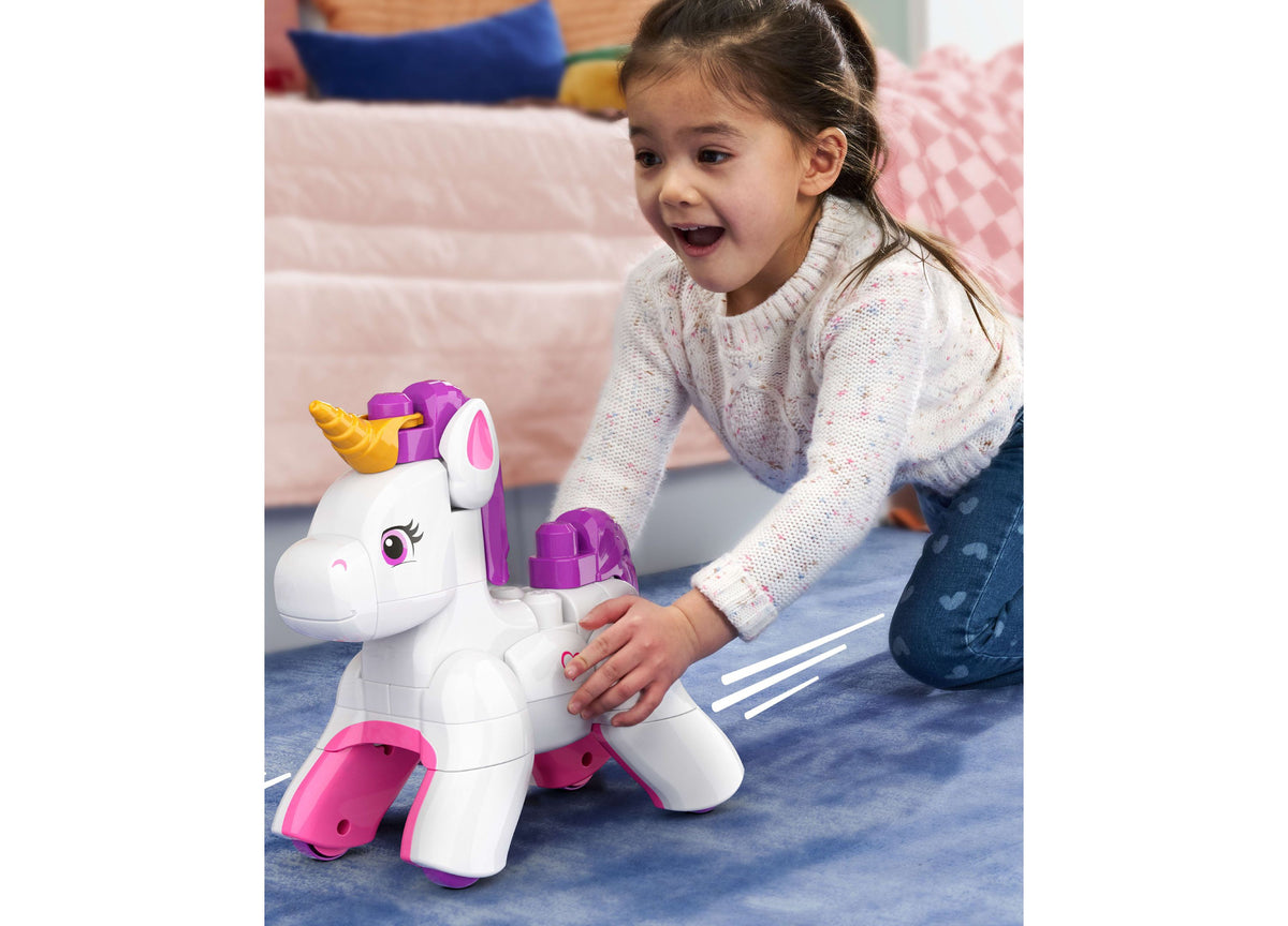Mega Bloks Build & Enchant Unicorn 26-Piece Building Set with white unicorn featuring purple mane and gold horn