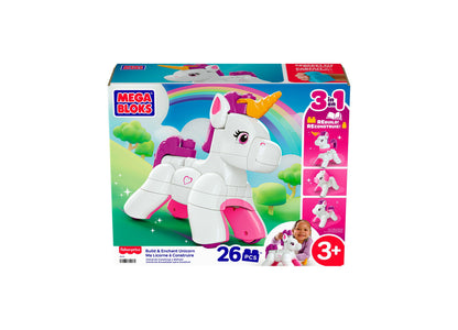 Mega Bloks Build & Enchant Unicorn 26-Piece set with white unicorn figure, pink accents, and rainbow on packaging