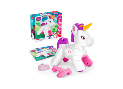 Mega Bloks Build & Enchant Unicorn 26-Piece Building Set with white unicorn, purple mane, yellow horn, pink accents, ...