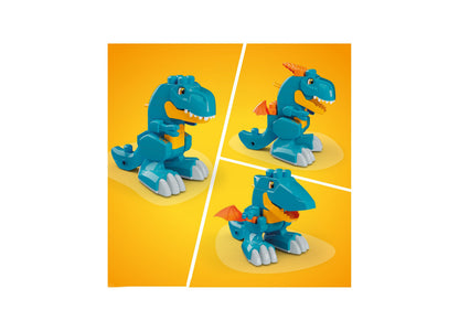 Mega Bloks Fisher-Price Build & Chomp Dinosaur showing blue T-Rex, pterodactyl, and dragon builds with orange accents