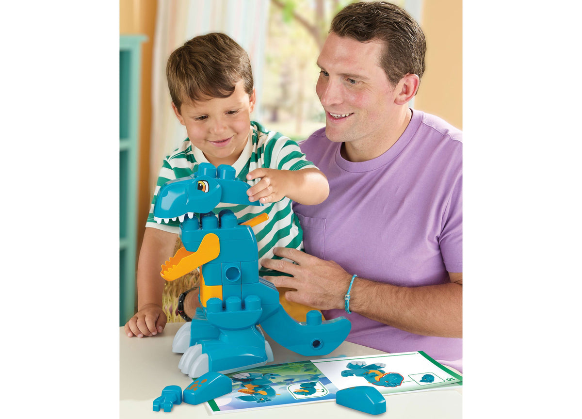 Mega Bloks Fisher-Price Build & Chomp Dinosaur blue T-Rex with opening mouth, adult and child playing together