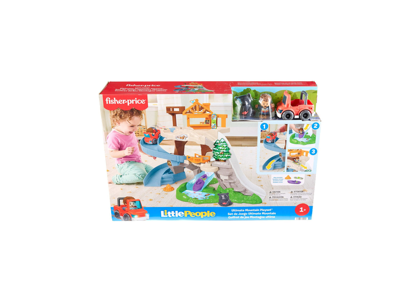 Fisher Price Ultimate Mountain Playset with blue track, orange fire truck, and figures for ages 1+