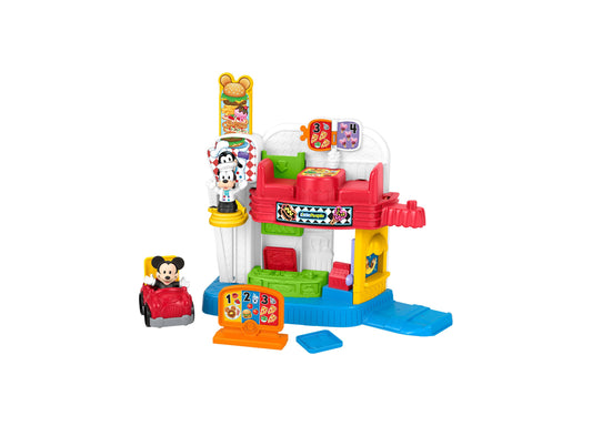 Fisher Price Mickey and Goofy Silly Sounds Diner Playset with colorful red, blue, and yellow structure