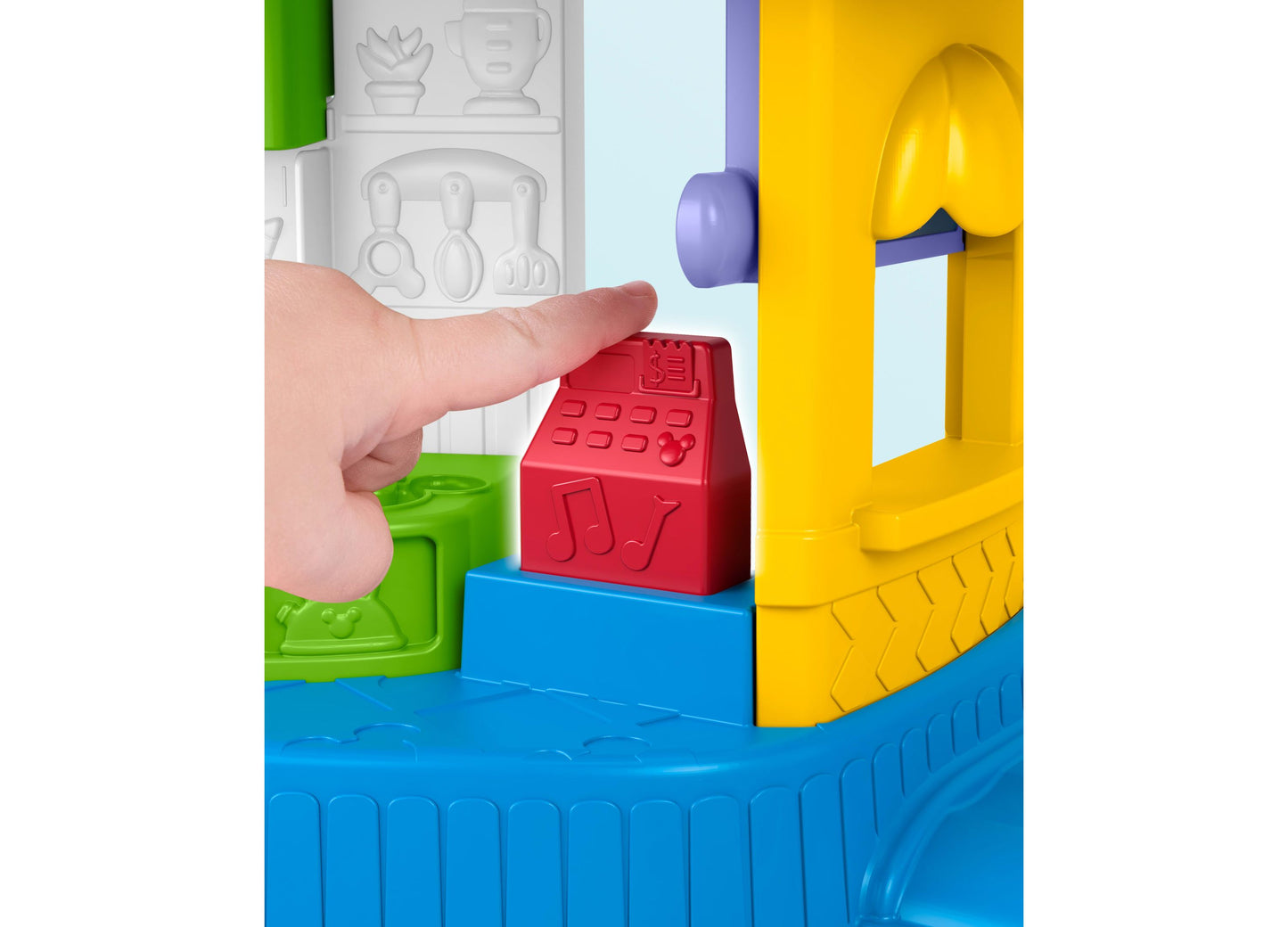 Fisher Price Mickey Goofy Silly Sounds Diner Playset with colorful blocks and child's hand
