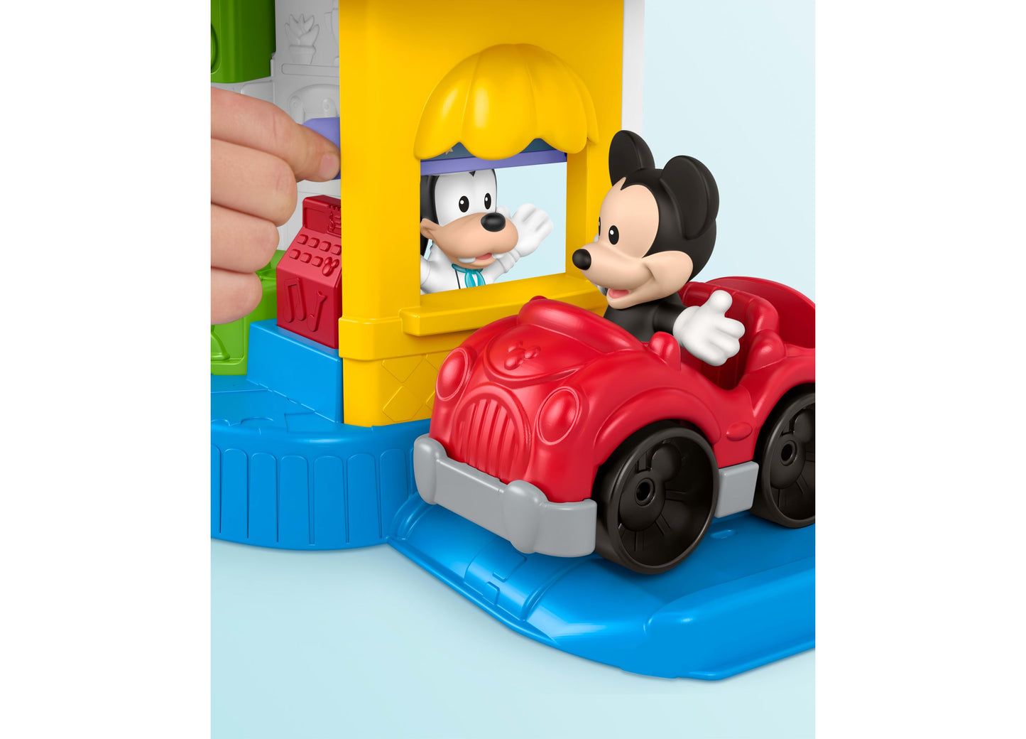 Fisher Price Mickey and Goofy Silly Sounds Diner Playset with red car and yellow booth