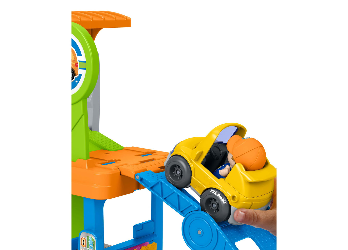 Fisher Price Little People Service Station playset with yellow car, green ramp, and orange fuel pump