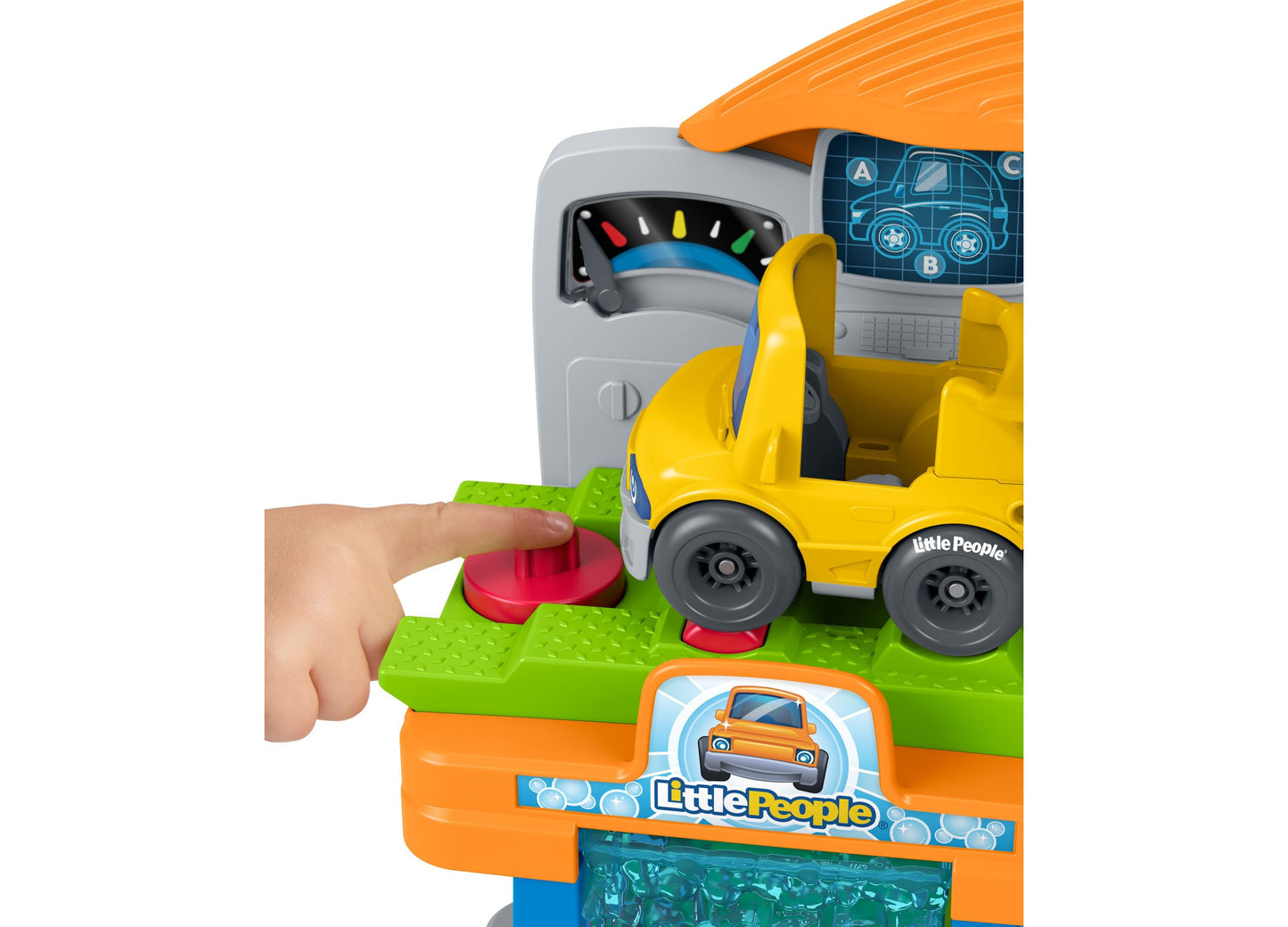Fisher Price Little People Service Station playset with yellow car, gray garage, and interactive features for toddlers