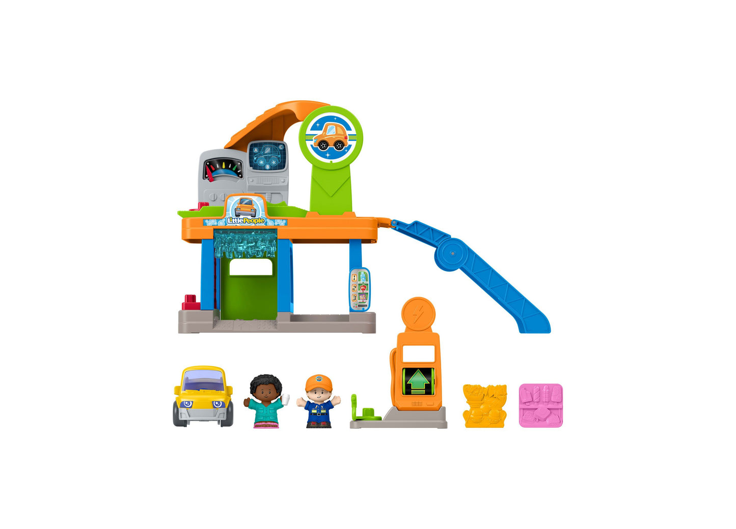 Fisher Price Little People Service Station playset with figures, yellow car, and blue ramp
