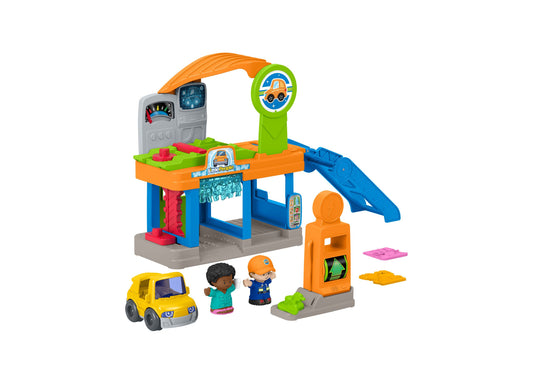 Fisher Price Little People Service Station playset with yellow car, figures, and blue ramp