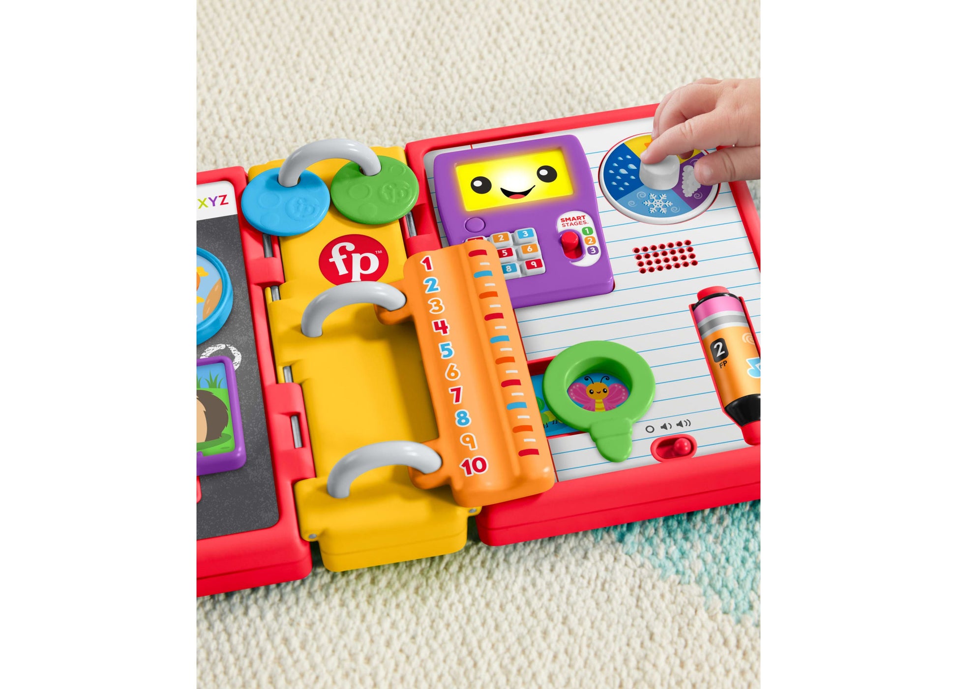 Fisher Price Laugh and Learn 123 Schoolbook with colorful interactive pages, numbers, and smart stages features