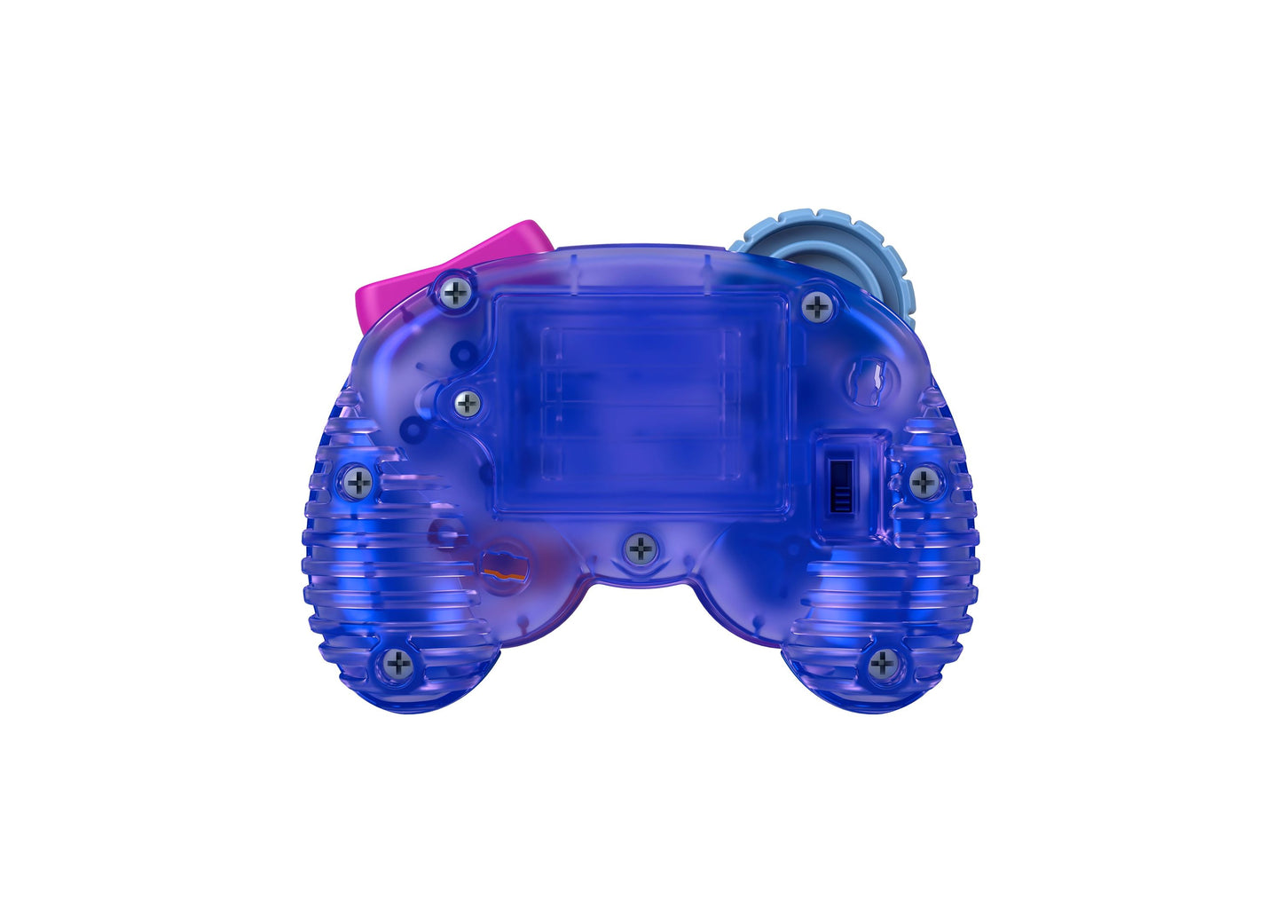 Fisher Price Laugh and Learn Controller in blue with pink accents, transparent design showing internal components