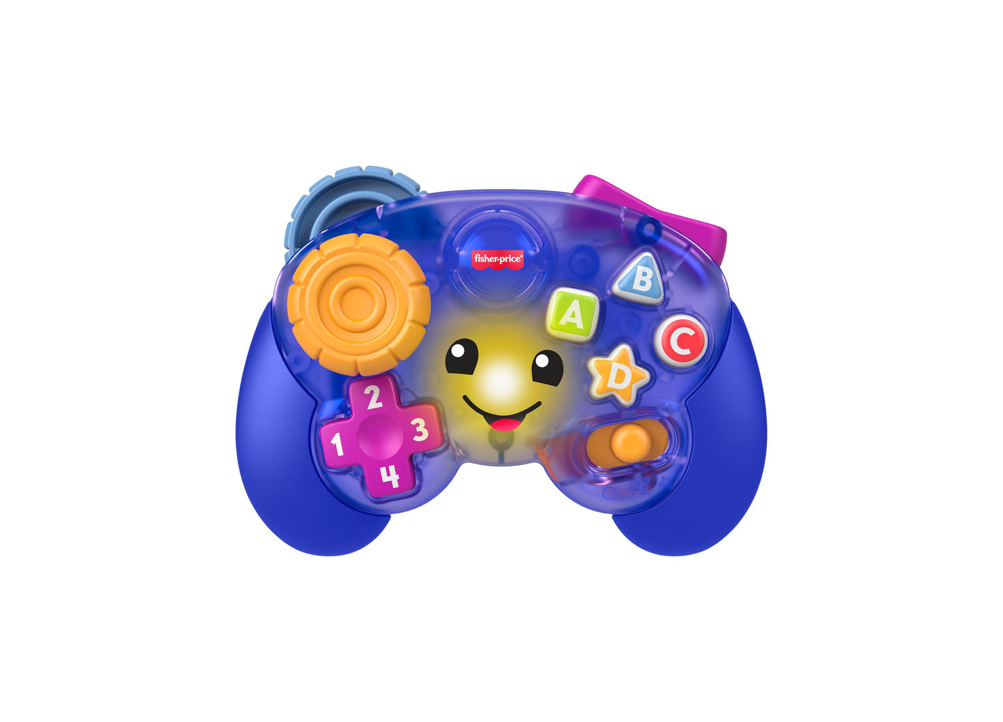Fisher Price Laugh and Learn Controller toy with colorful buttons, spinner, and smiling face on blue background