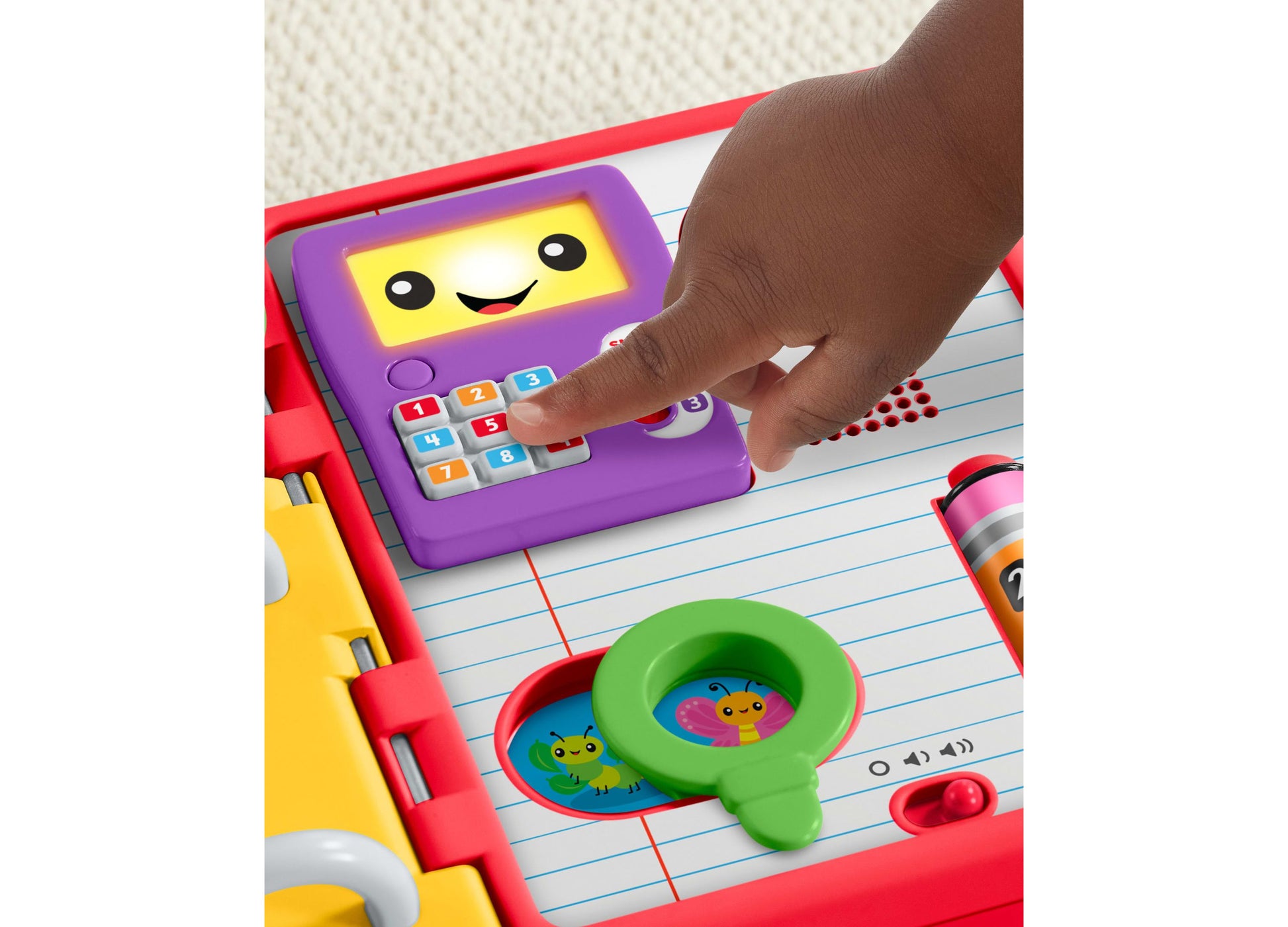 Fisher Price Laugh and Learn 123 Schoolbook with purple calculator toy and green magnifying glass on red book
