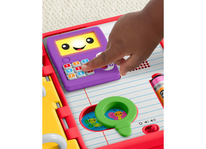 Fisher Price Laugh and Learn 123 Schoolbook with purple calculator toy and green magnifying glass on red book