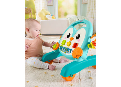 Fisher-Price 2-in-1 Musical Penguin Activity Walker in turquoise and orange with baby playing