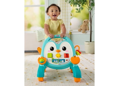 Fisher-Price 2-in-1 Musical Penguin Activity Walker in turquoise and orange with baby playing