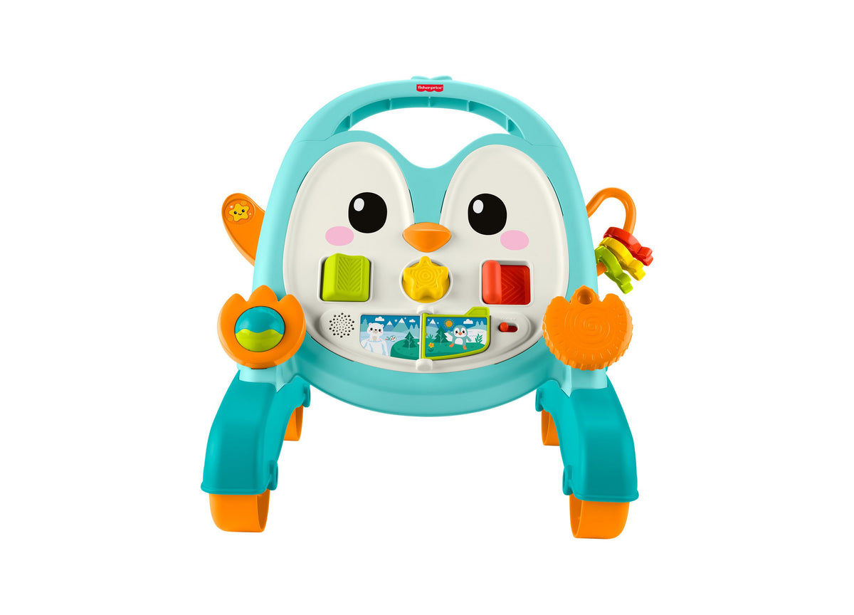 Fisher-Price 2-in-1 Musical Penguin Activity Walker in turquoise and orange with interactive buttons and handles
