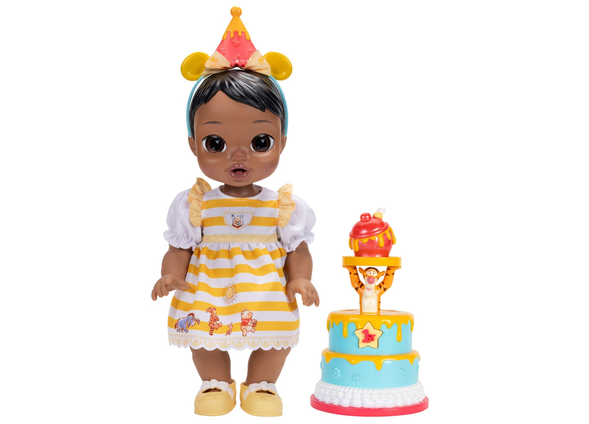 Disney Darlings Winnie the Pooh 13" Interactive Birthday Baby Doll with yellow and white striped dress
