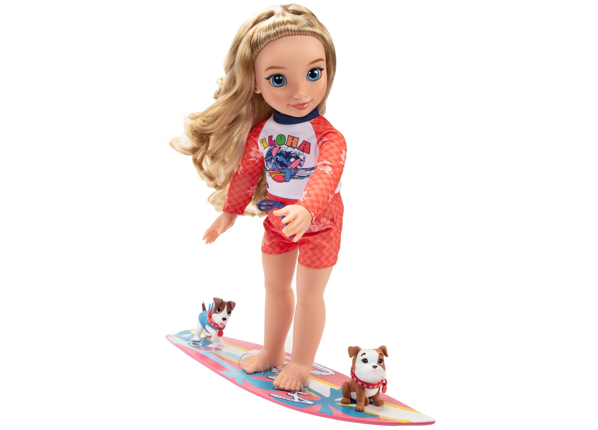 Lilo & Stitch Beach Fashion Doll with red surfboard and two puppy companions