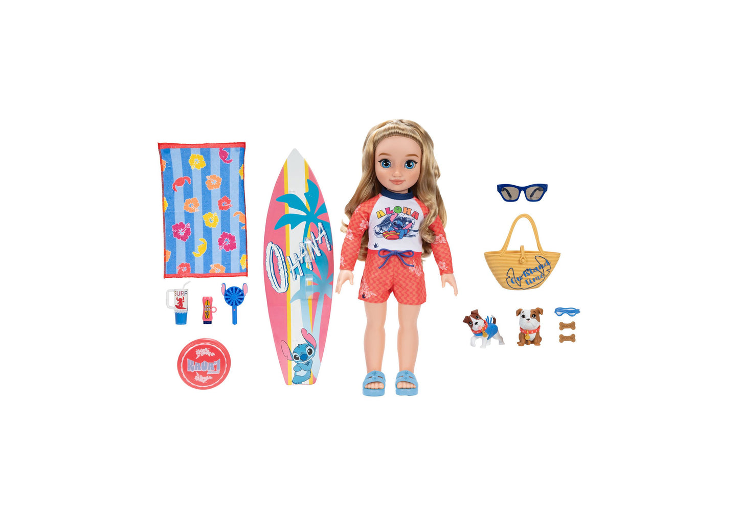 Lilo & Stitch Beach Fashion Doll 18" with surfboard, accessories, and two puppies