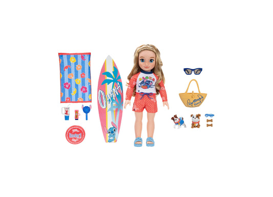 Lilo & Stitch Beach Fashion Doll 18" with surfboard, accessories, and two puppies