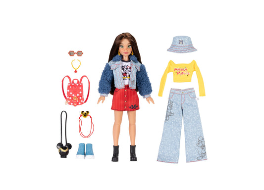 Disney ILY 4ever Mickey Mouse fashion doll with blue jacket, red skirt, and multiple outfit accessories
