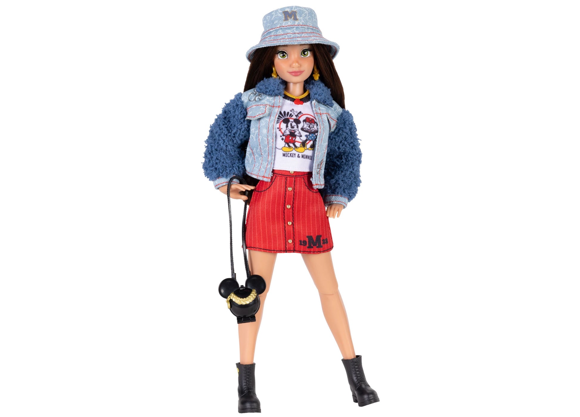 Disney ILY 4ever Mickey Mouse doll with denim jacket, red skirt, and bucket hat