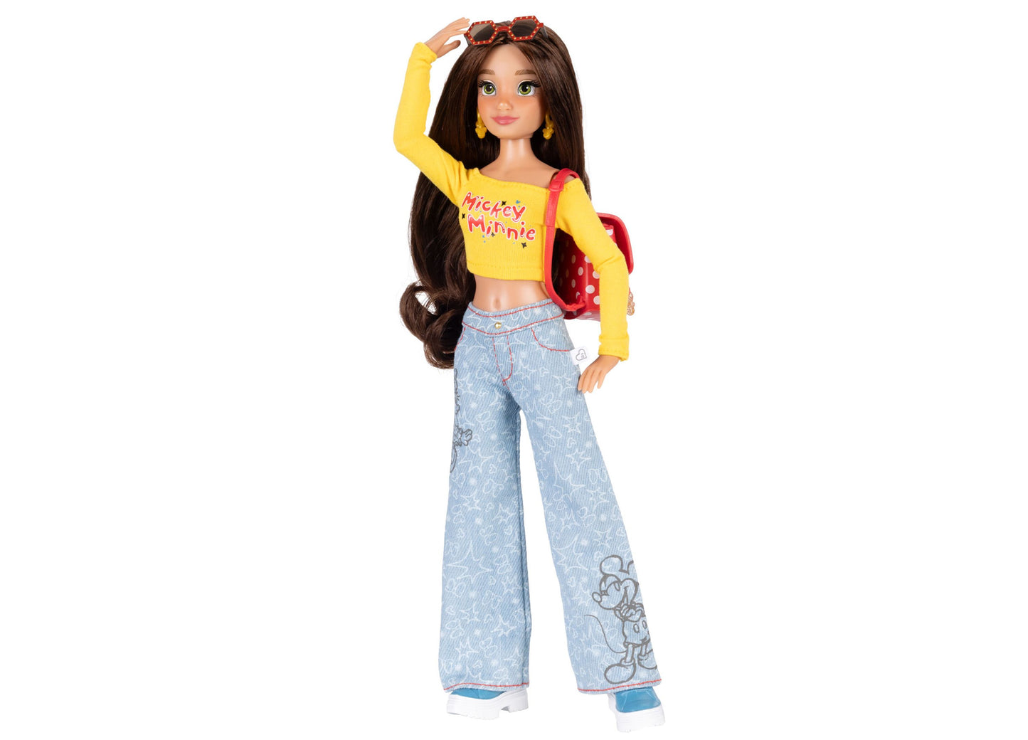 Disney ILY 4ever Minnie Mouse fashion doll with yellow top, denim jeans, and red accessories