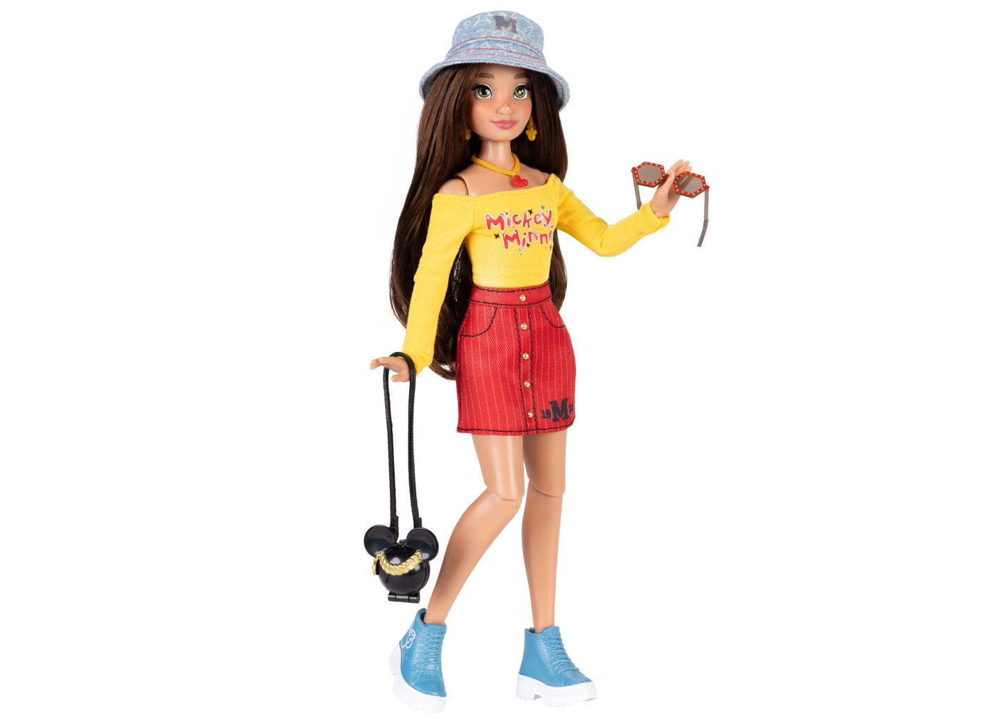 Disney ILY 4ever Minnie Mouse fashion doll wearing yellow top, red skirt, blue sneakers, denim hat, holding Mickey ea...