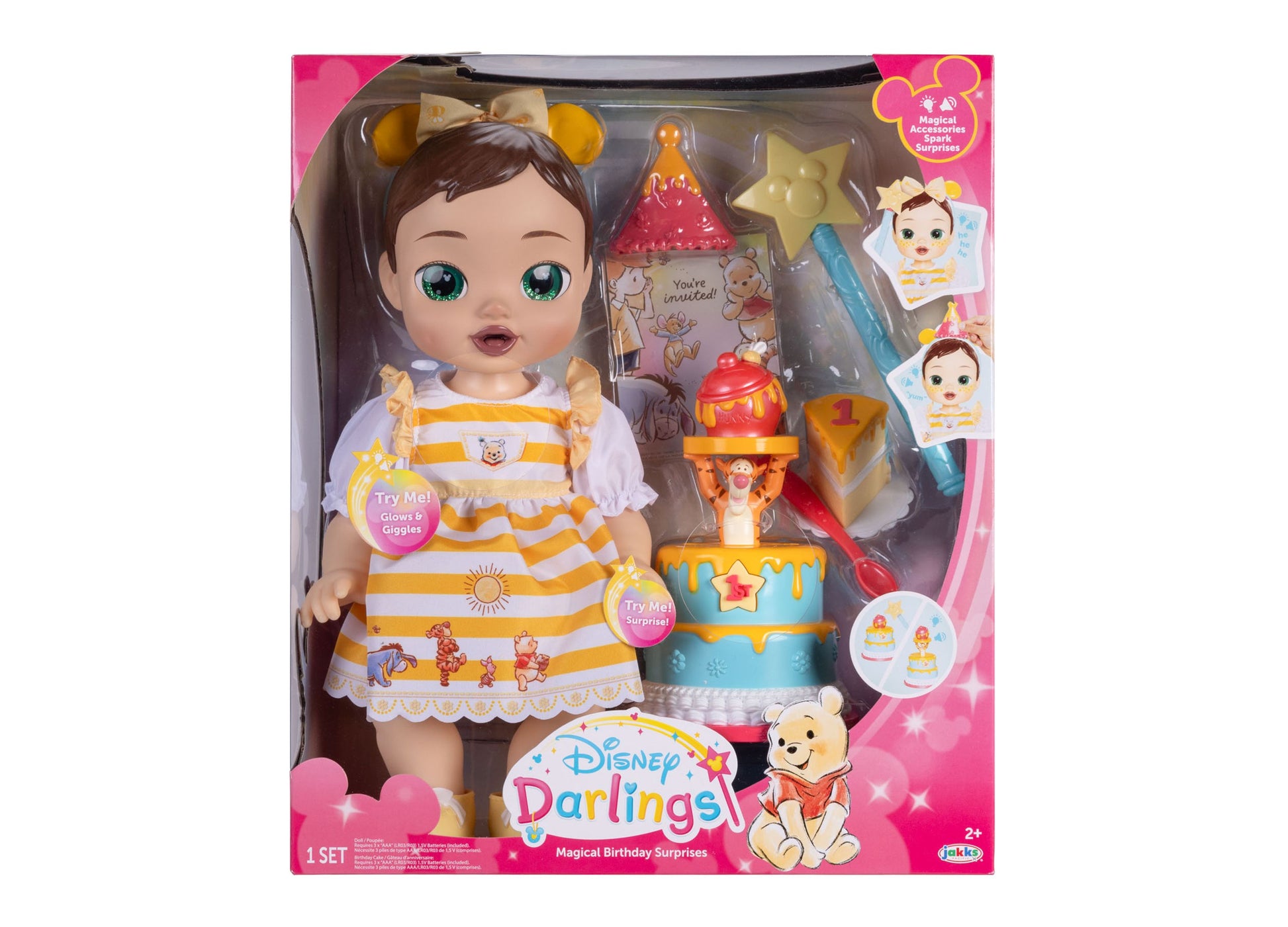 Disney Darlings Winnie the Pooh interactive baby doll with yellow striped dress, birthday cake playset, and magical a...
