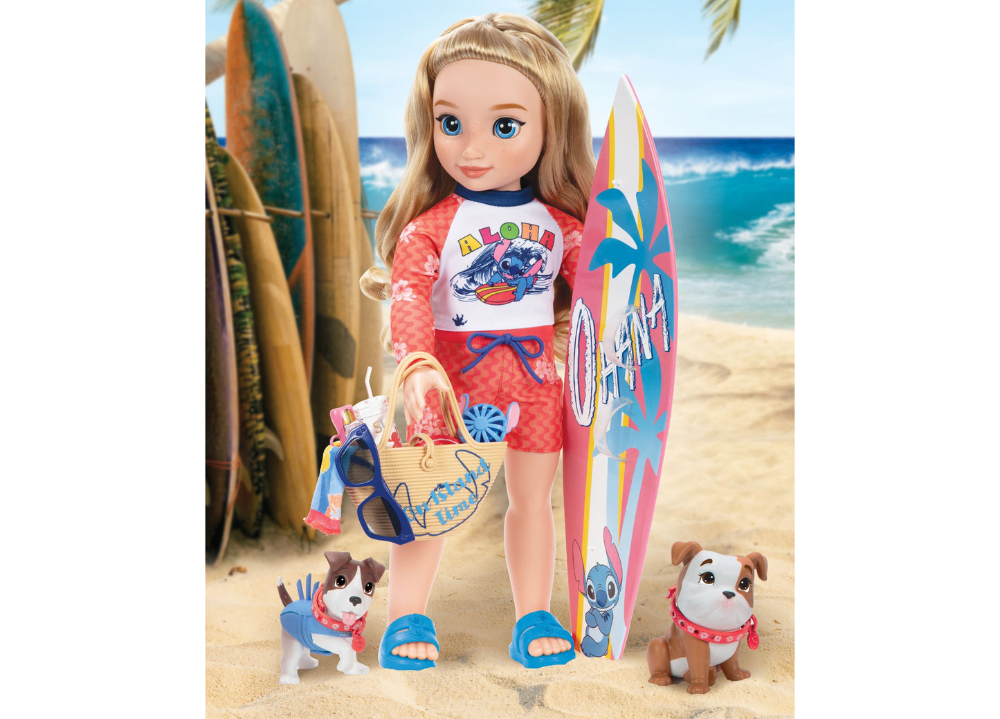 Lilo & Stitch Beach Fashion Doll with two puppies, surfboard, and beach accessories