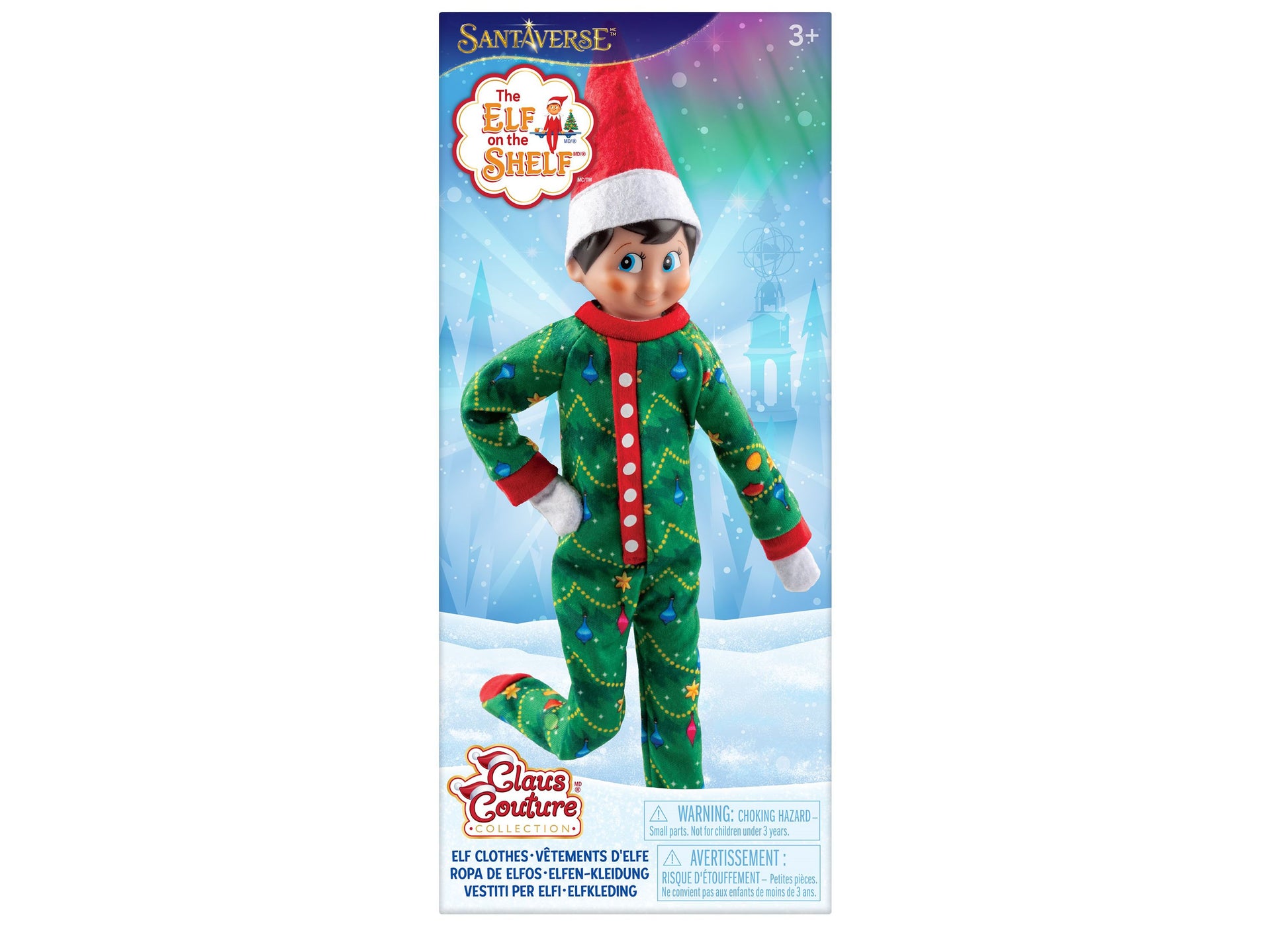 Elf on the Shelf Claus Couture green pajamas with red trim and white Santa hat