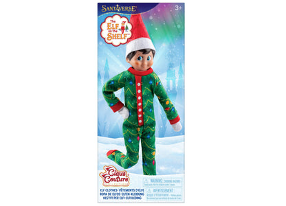 Elf on the Shelf Claus Couture green pajamas with red trim and white Santa hat