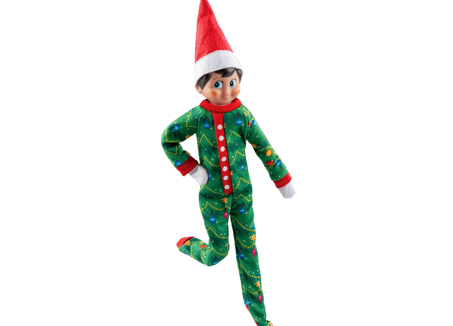 Elf on the Shelf in green Christmas pajamas with red hat and white cuffs