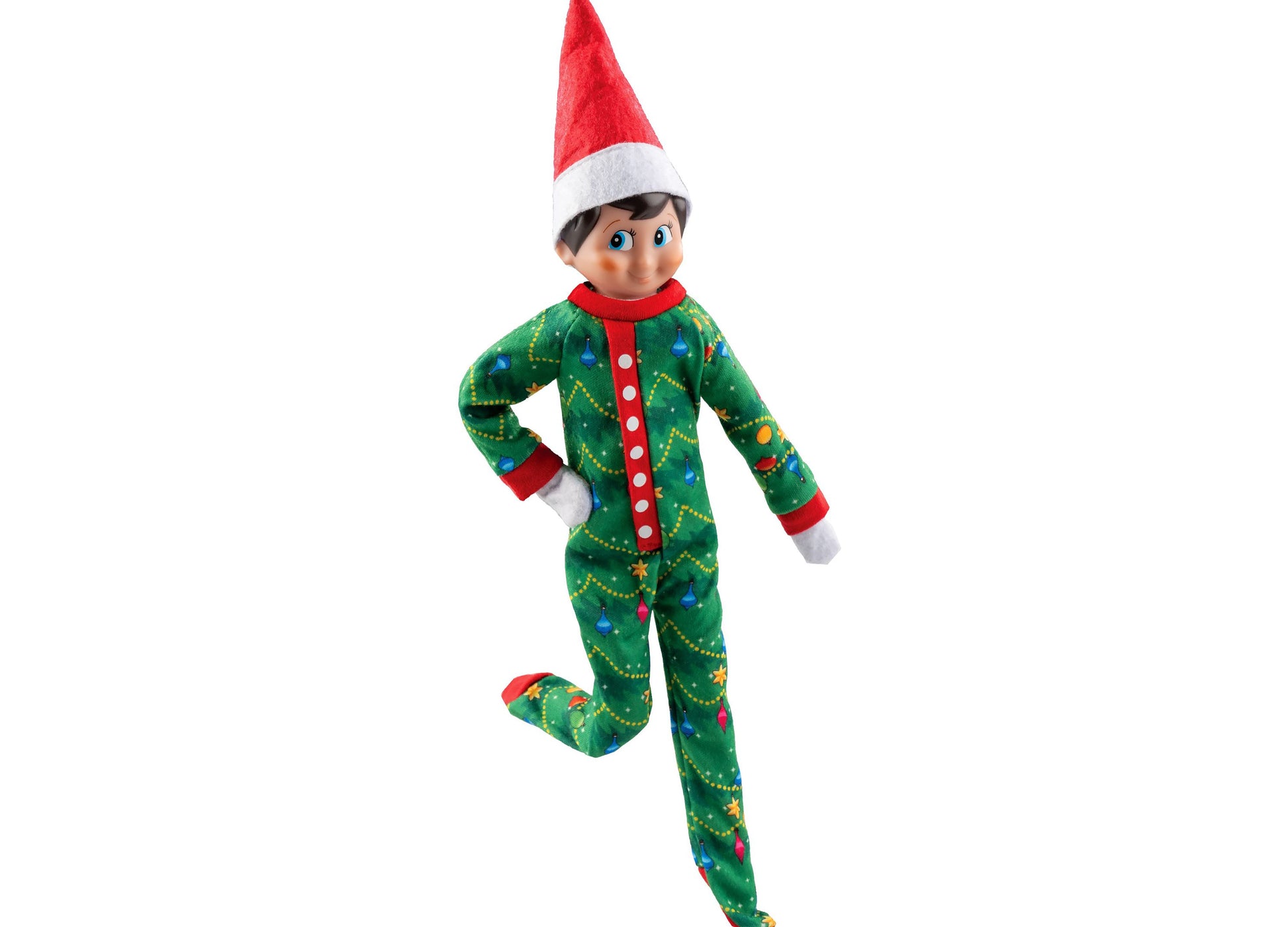 Elf on the Shelf in green Christmas pajamas with red hat and white cuffs