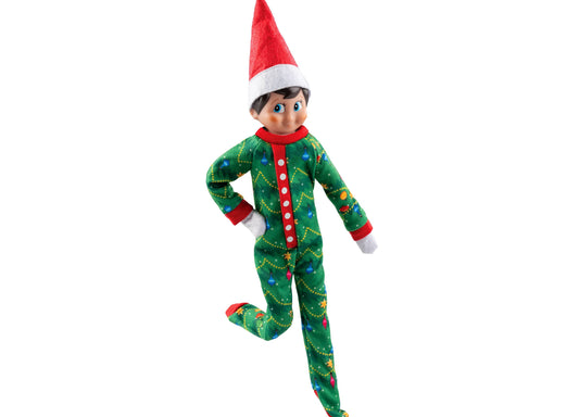 Elf on the Shelf in green Christmas pajamas with red hat and white cuffs