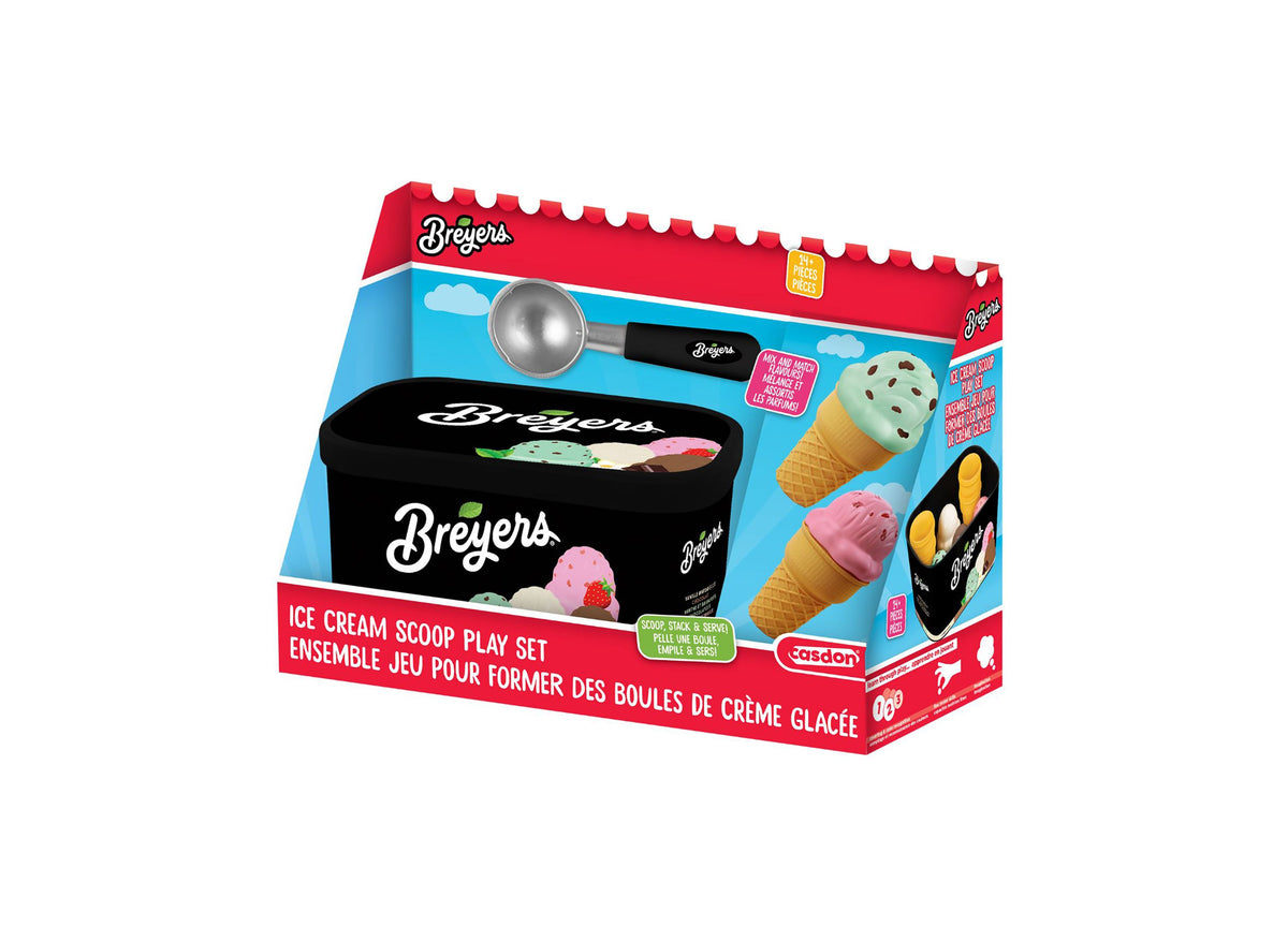 Casdon Breyers Ice Cream Scoop-and-Serve playset with black tub, silver scoop tool, and colorful ice cream cones in p...