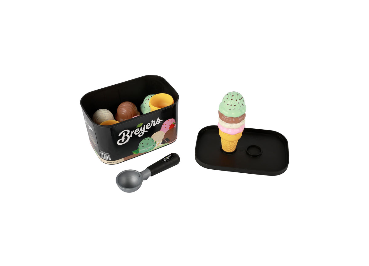 Casdon Breyers Ice Cream Scoop-and-Serve playset with black tub, colorful ice cream cones, and scoop tool