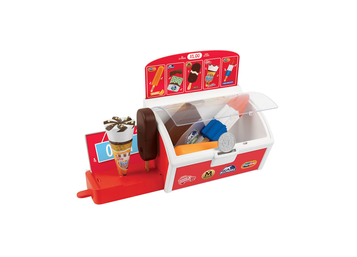 Casdon Ice Cream Shop Interactive Playset with red freezer, ice cream treats, menu card, and play coins