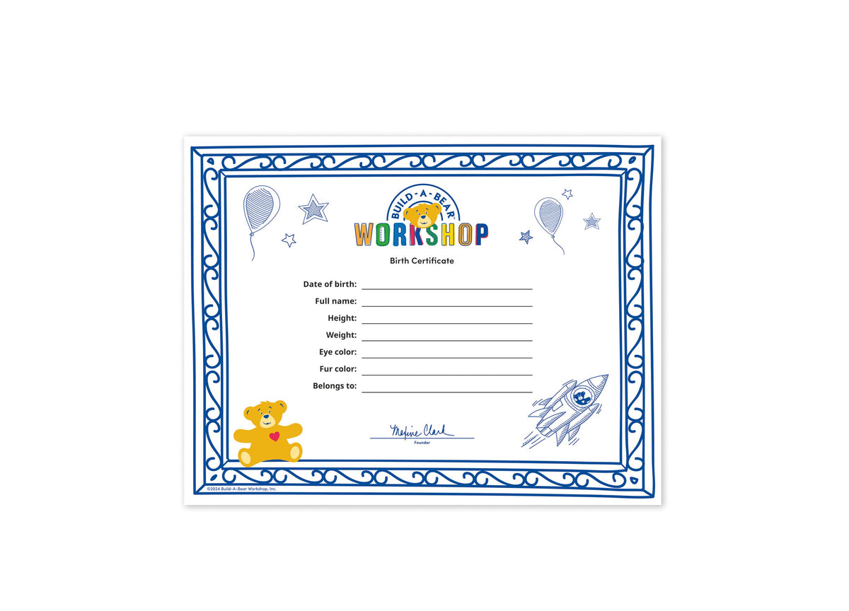 Build-A-Bear Workshop Birth Certificate with blue decorative border, yellow teddy bear, and rocket ship illustration