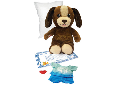Casdon Puppy 9" Furtastic Friend Outfit Pack with brown and cream puppy, blue outfit, birth certificate, and red heart
