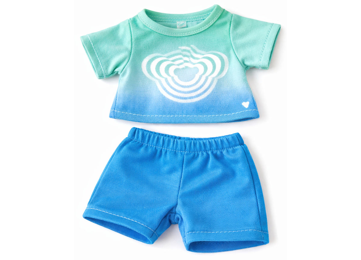Casdon Puppy outfit pack with turquoise-to-blue ombre shirt featuring white heart design and matching blue shorts