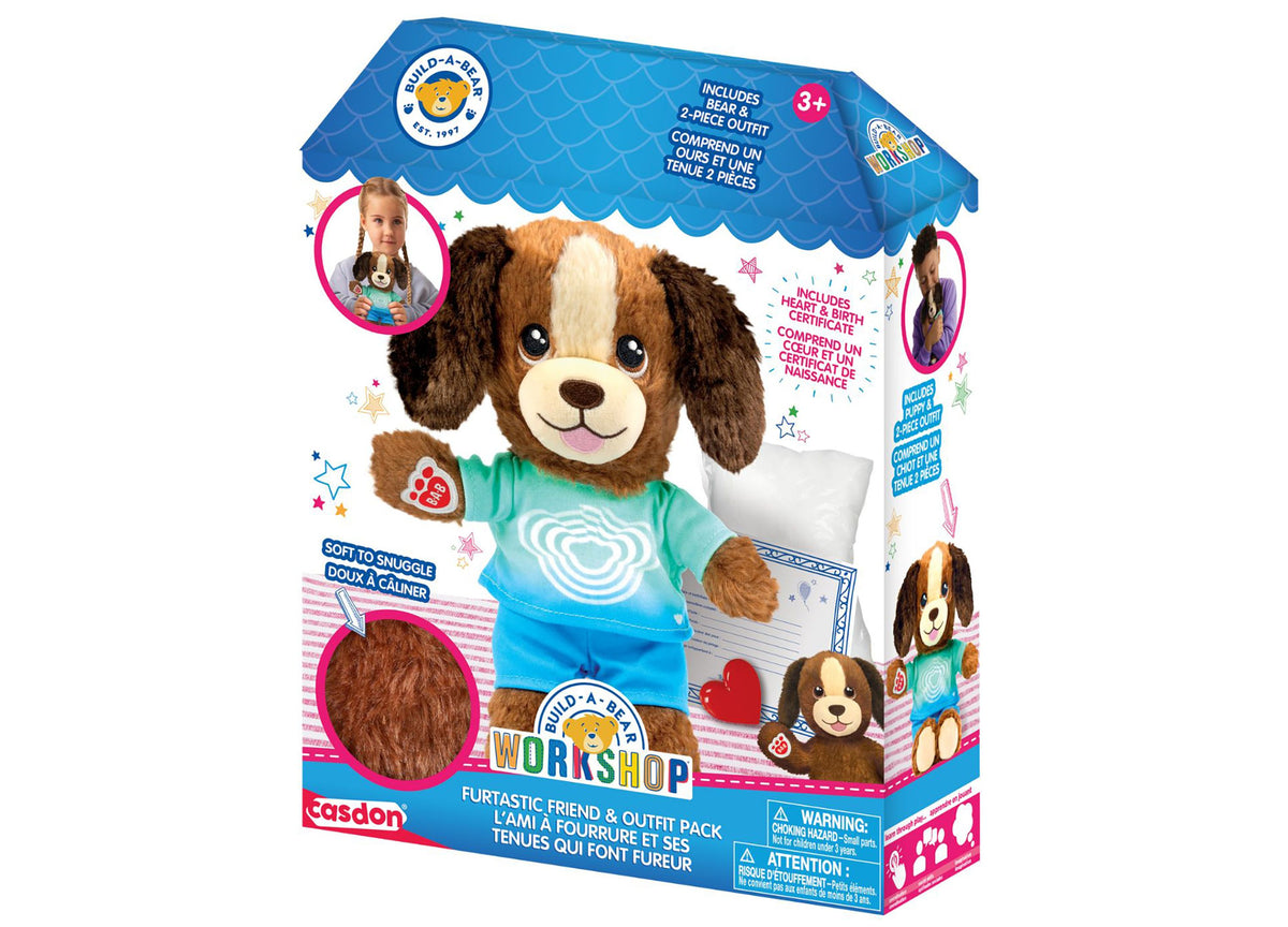 Casdon Puppy 9" Furtastic Friend Outfit Pack with brown and white puppy wearing turquoise outfit and included accesso...