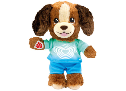 Brown and white puppy toy wearing turquoise shirt and blue shorts with heart design